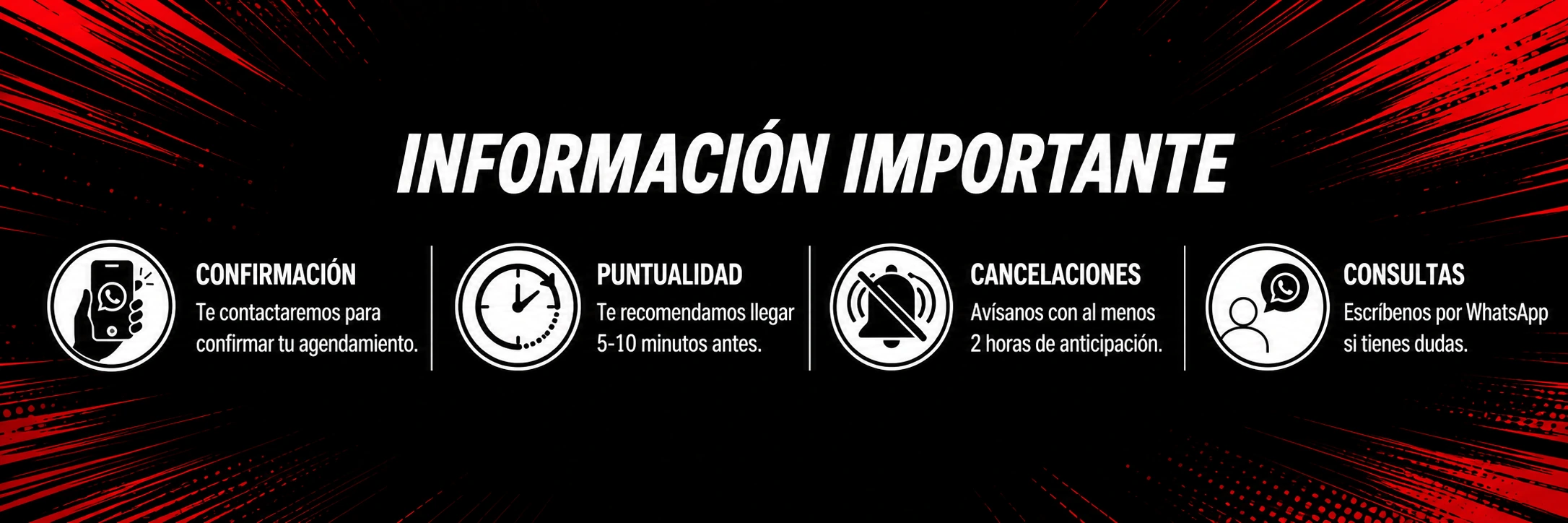 Información importante: confirmación, puntualidad, cancelaciones y consultas