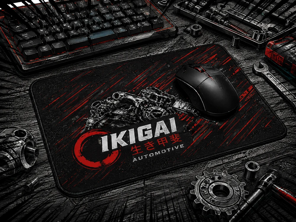 Mouse pad IKIGAI junto a teclado y herramientas