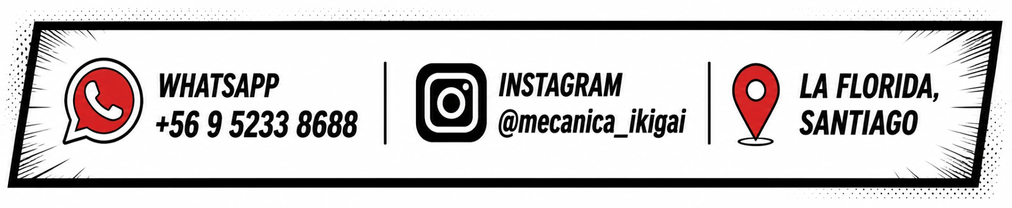WhatsApp +56 9 5233 8688, Instagram @mecanica_ikigai, La Florida, Santiago