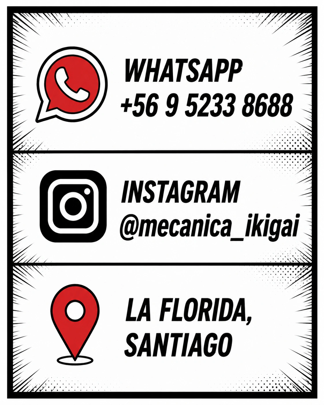 WhatsApp +56 9 5233 8688, Instagram @mecanica_ikigai, La Florida, Santiago